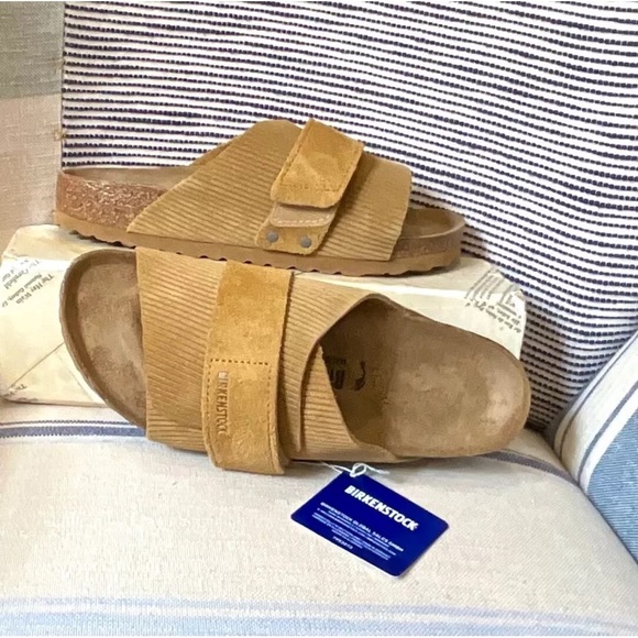 Birkenstock Kyoto Slide Sandal Suede Embossed Corduroy Cork Brown - Picture 2 of 6